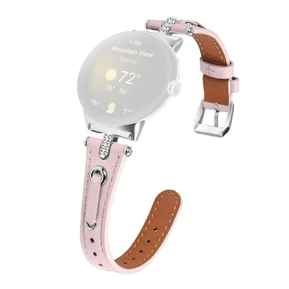 For Google Pixel Watch Genuine Cow Leather Watch Strap Rhinestone Decor Watch Band with Silver Buckle