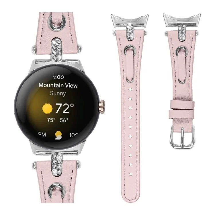 For Google Pixel Watch Genuine Cow Leather Watch Strap Rhinestone Decor Watch Band with Silver Buckle