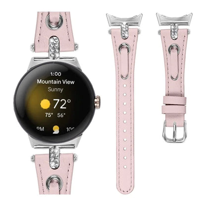 For Google Pixel Watch Genuine Cow Leather Watch Strap Rhinestone Decor Watch Band with Silver Buckle