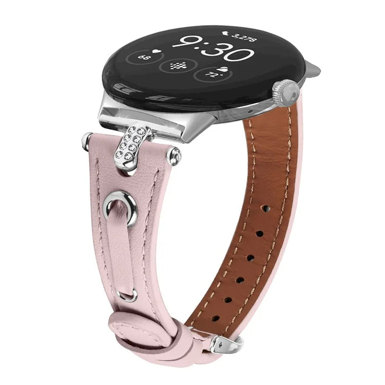For Google Pixel Watch Genuine Cow Leather Watch Strap Rhinestone Decor Watch Band with Silver Buckle