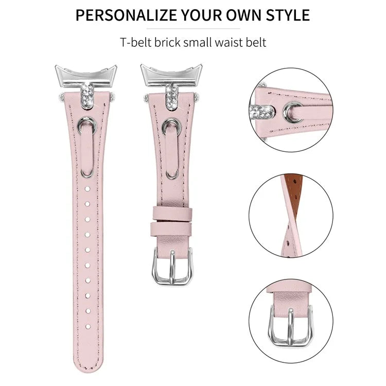 For Google Pixel Watch Genuine Cow Leather Watch Strap Rhinestone Decor Watch Band with Silver Buckle