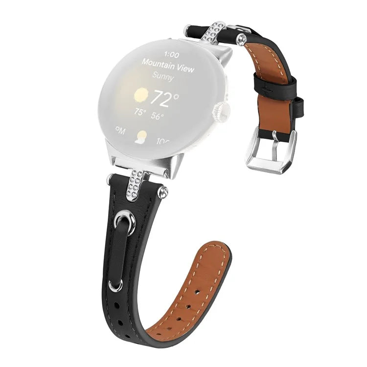 For Google Pixel Watch Genuine Cow Leather Watch Strap Rhinestone Decor Watch Band with Silver Buckle