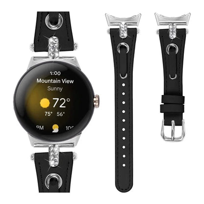 For Google Pixel Watch Genuine Cow Leather Watch Strap Rhinestone Decor Watch Band with Silver Buckle