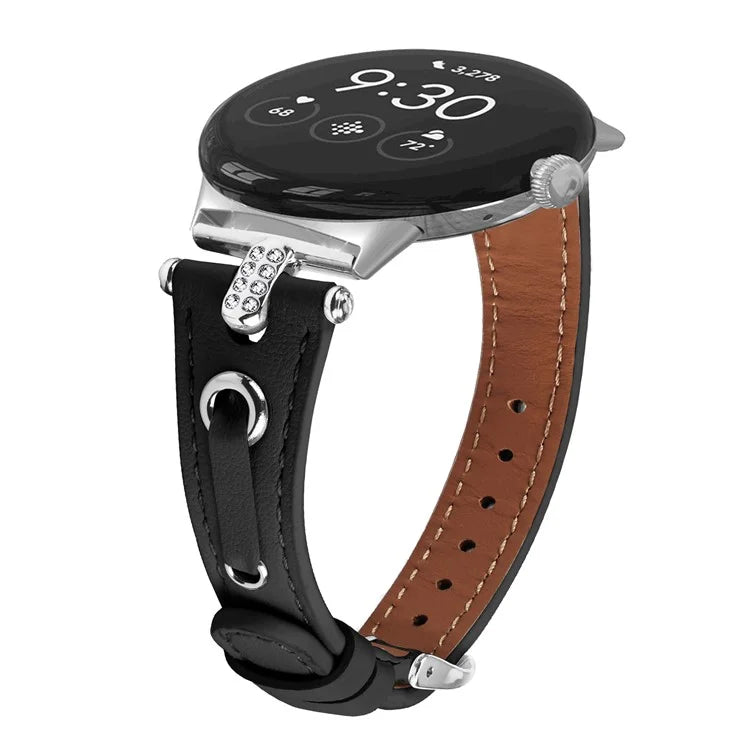 For Google Pixel Watch Genuine Cow Leather Watch Strap Rhinestone Decor Watch Band with Silver Buckle