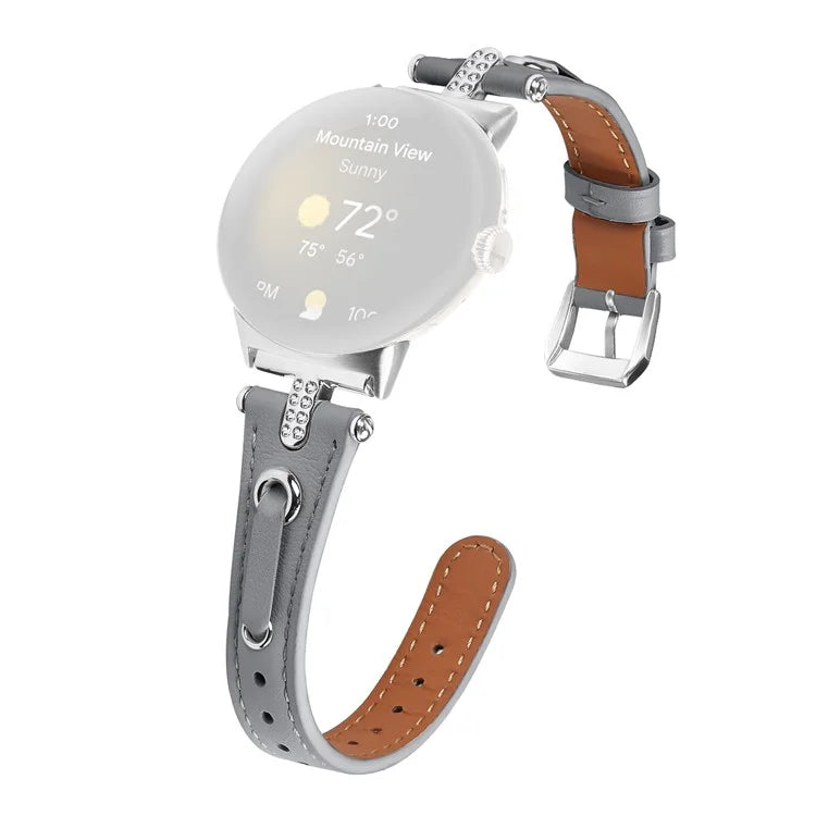 For Google Pixel Watch Genuine Cow Leather Watch Strap Rhinestone Decor Watch Band with Silver Buckle
