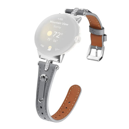 For Google Pixel Watch Genuine Cow Leather Watch Strap Rhinestone Decor Watch Band with Silver Buckle