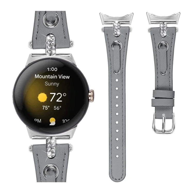 For Google Pixel Watch Genuine Cow Leather Watch Strap Rhinestone Decor Watch Band with Silver Buckle
