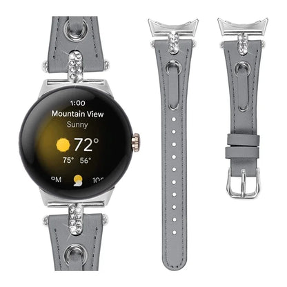 For Google Pixel Watch Genuine Cow Leather Watch Strap Rhinestone Decor Watch Band with Silver Buckle