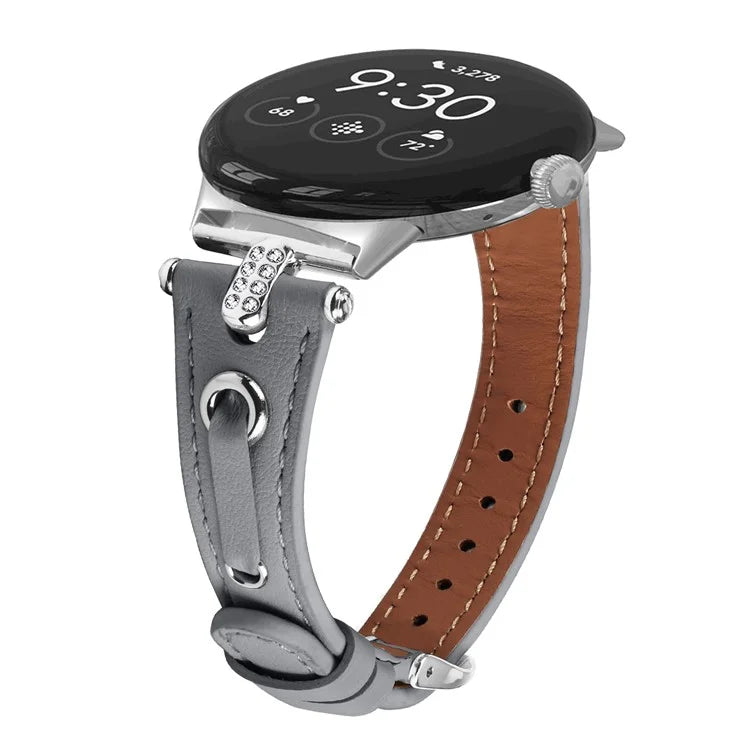 For Google Pixel Watch Genuine Cow Leather Watch Strap Rhinestone Decor Watch Band with Silver Buckle