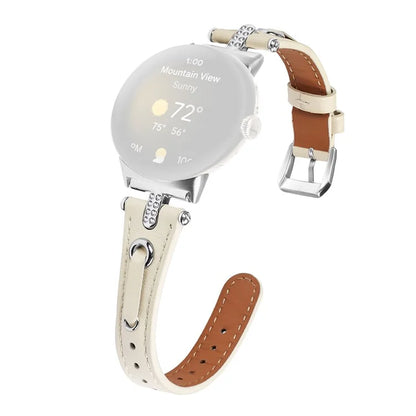 For Google Pixel Watch Genuine Cow Leather Watch Strap Rhinestone Decor Watch Band with Silver Buckle