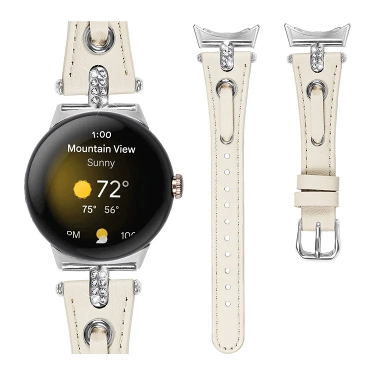 For Google Pixel Watch Genuine Cow Leather Watch Strap Rhinestone Decor Watch Band with Silver Buckle