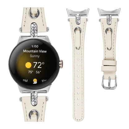 For Google Pixel Watch Genuine Cow Leather Watch Strap Rhinestone Decor Watch Band with Silver Buckle