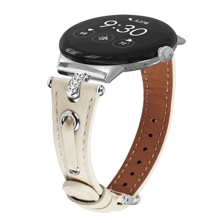 For Google Pixel Watch Genuine Cow Leather Watch Strap Rhinestone Decor Watch Band with Silver Buckle