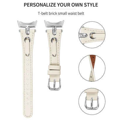 For Google Pixel Watch Genuine Cow Leather Watch Strap Rhinestone Decor Watch Band with Silver Buckle