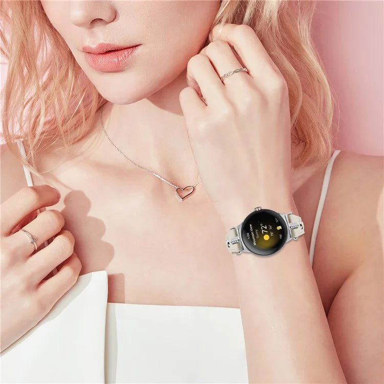 For Google Pixel Watch Genuine Cow Leather Watch Strap Rhinestone Decor Watch Band with Silver Buckle