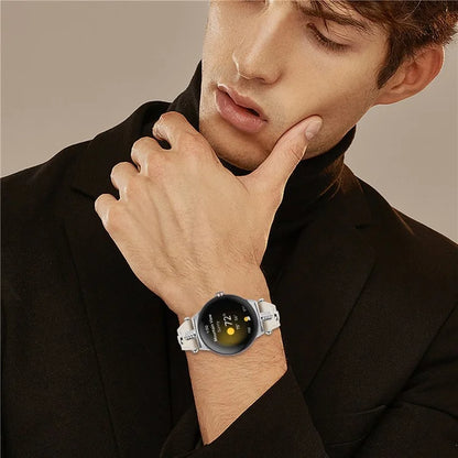 For Google Pixel Watch Genuine Cow Leather Watch Strap Rhinestone Decor Watch Band with Silver Buckle