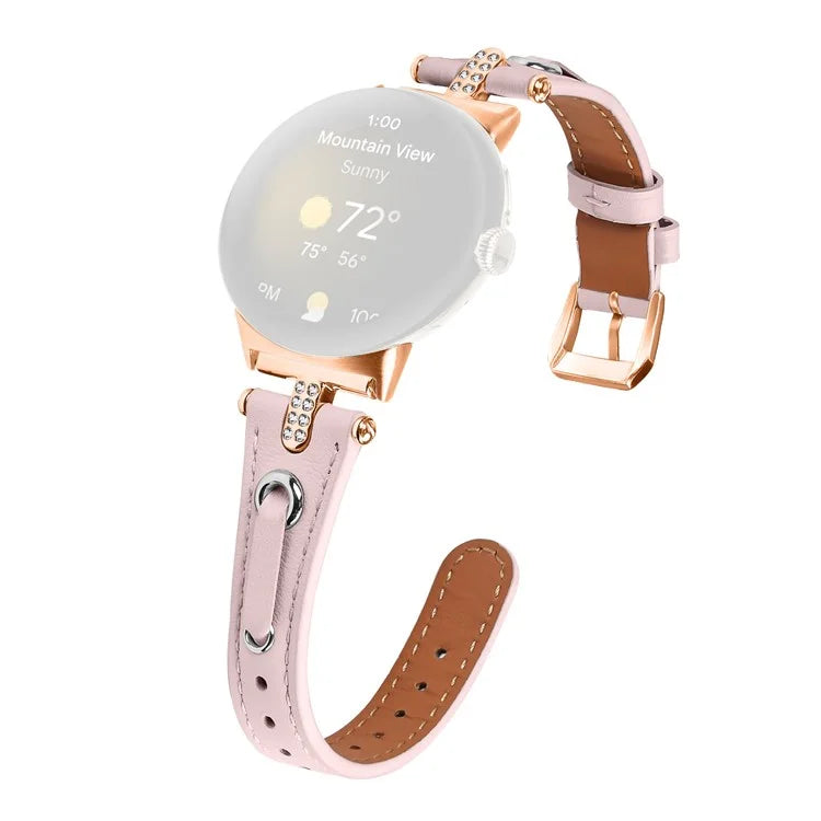 For Google Pixel Watch Genuine Cow Leather Watch Strap Rhinestone Decor Rose Gold Buckle Watch Band