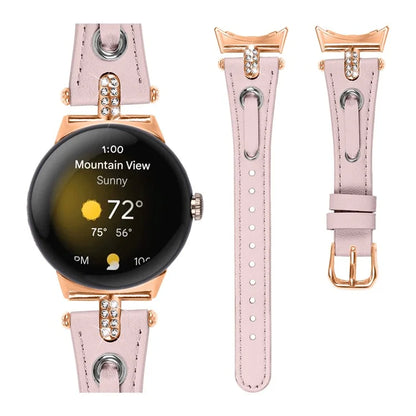 For Google Pixel Watch Genuine Cow Leather Watch Strap Rhinestone Decor Rose Gold Buckle Watch Band
