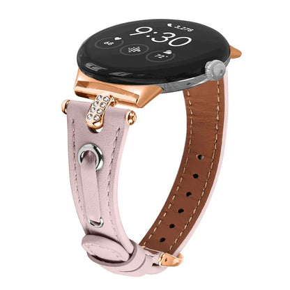 For Google Pixel Watch Genuine Cow Leather Watch Strap Rhinestone Decor Rose Gold Buckle Watch Band