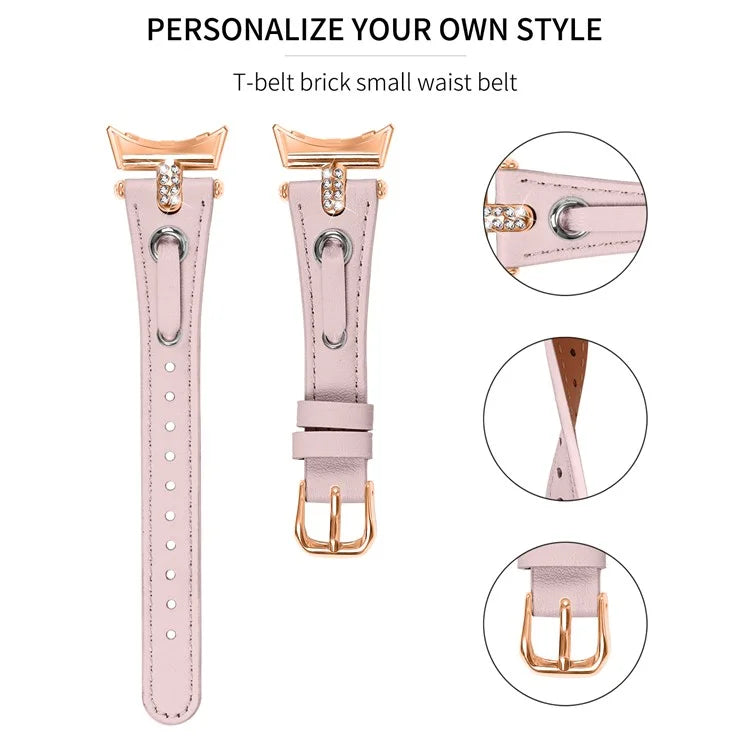 For Google Pixel Watch Genuine Cow Leather Watch Strap Rhinestone Decor Rose Gold Buckle Watch Band