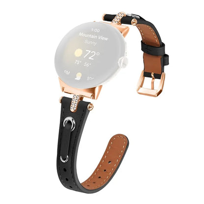 For Google Pixel Watch Genuine Cow Leather Watch Strap Rhinestone Decor Rose Gold Buckle Watch Band