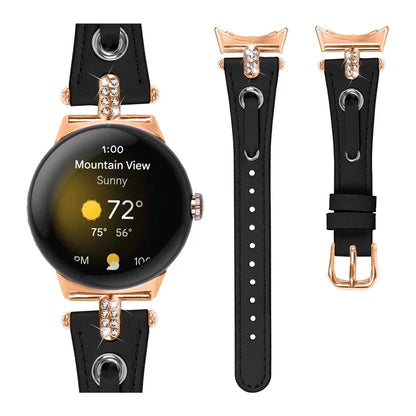 For Google Pixel Watch Genuine Cow Leather Watch Strap Rhinestone Decor Rose Gold Buckle Watch Band