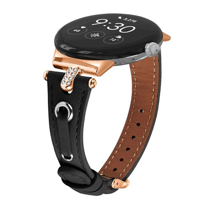 For Google Pixel Watch Genuine Cow Leather Watch Strap Rhinestone Decor Rose Gold Buckle Watch Band