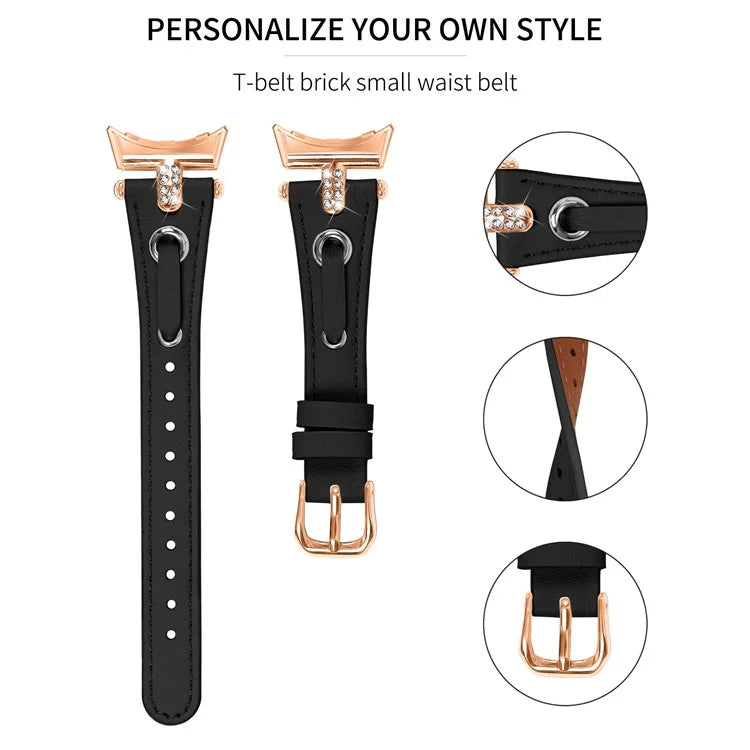For Google Pixel Watch Genuine Cow Leather Watch Strap Rhinestone Decor Rose Gold Buckle Watch Band