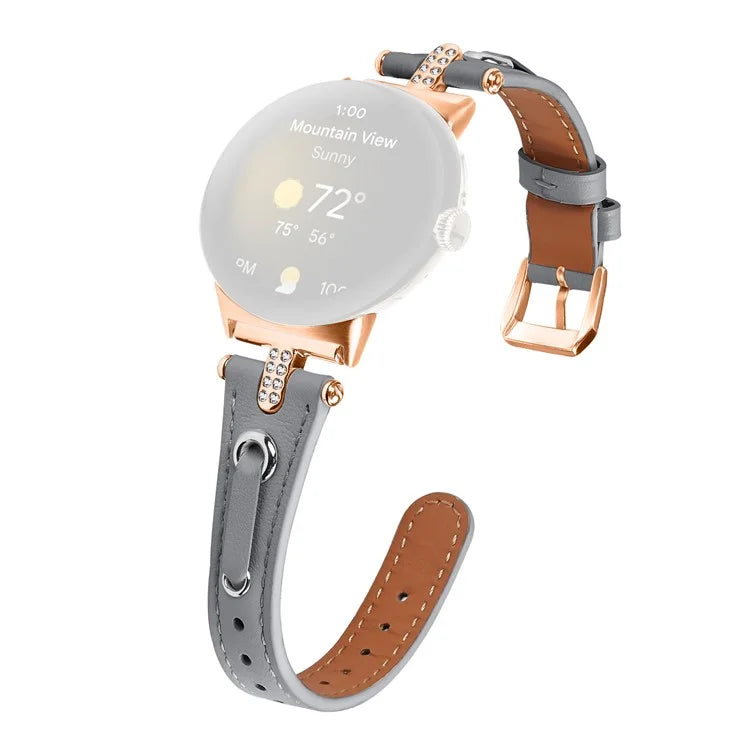 For Google Pixel Watch Genuine Cow Leather Watch Strap Rhinestone Decor Rose Gold Buckle Watch Band