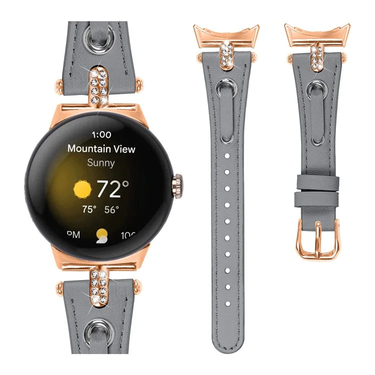 For Google Pixel Watch Genuine Cow Leather Watch Strap Rhinestone Decor Rose Gold Buckle Watch Band