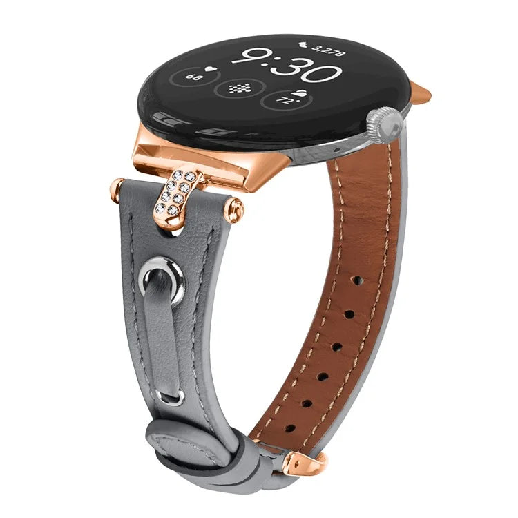 For Google Pixel Watch Genuine Cow Leather Watch Strap Rhinestone Decor Rose Gold Buckle Watch Band