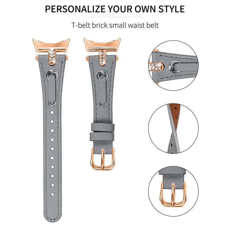 For Google Pixel Watch Genuine Cow Leather Watch Strap Rhinestone Decor Rose Gold Buckle Watch Band