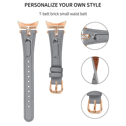 For Google Pixel Watch Genuine Cow Leather Watch Strap Rhinestone Decor Rose Gold Buckle Watch Band