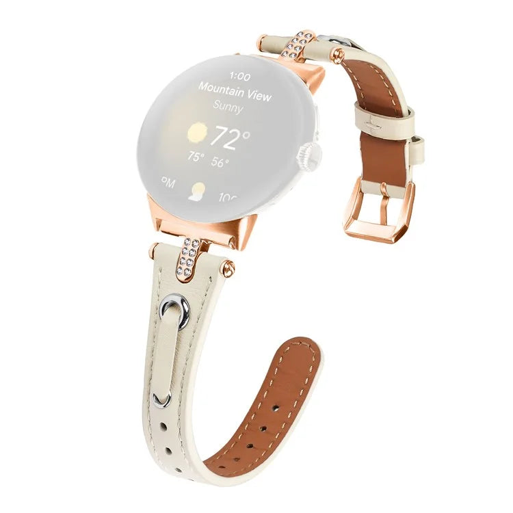For Google Pixel Watch Genuine Cow Leather Watch Strap Rhinestone Decor Rose Gold Buckle Watch Band