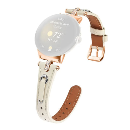 For Google Pixel Watch Genuine Cow Leather Watch Strap Rhinestone Decor Rose Gold Buckle Watch Band