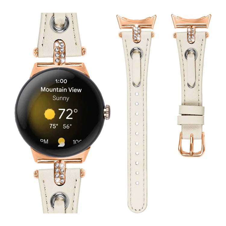 For Google Pixel Watch Genuine Cow Leather Watch Strap Rhinestone Decor Rose Gold Buckle Watch Band