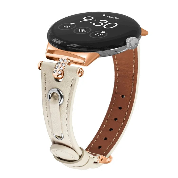 For Google Pixel Watch Genuine Cow Leather Watch Strap Rhinestone Decor Rose Gold Buckle Watch Band