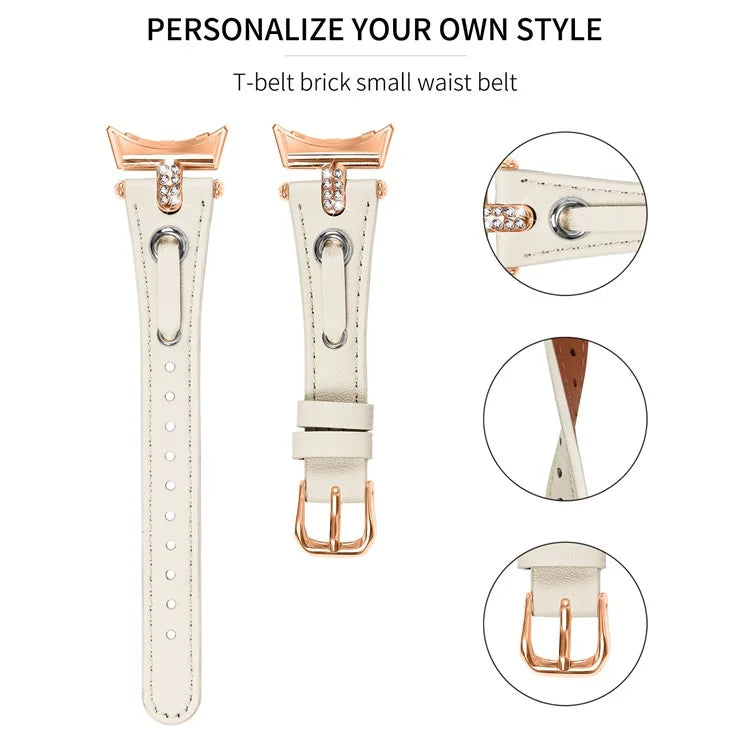 For Google Pixel Watch Genuine Cow Leather Watch Strap Rhinestone Decor Rose Gold Buckle Watch Band