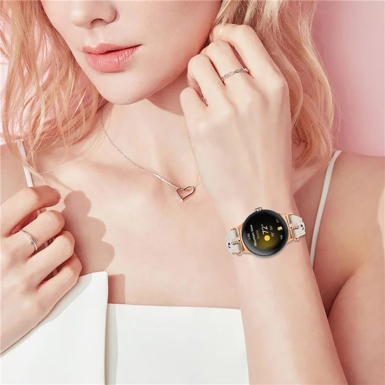 For Google Pixel Watch Genuine Cow Leather Watch Strap Rhinestone Decor Rose Gold Buckle Watch Band