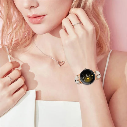 For Google Pixel Watch Genuine Cow Leather Watch Strap Rhinestone Decor Rose Gold Buckle Watch Band