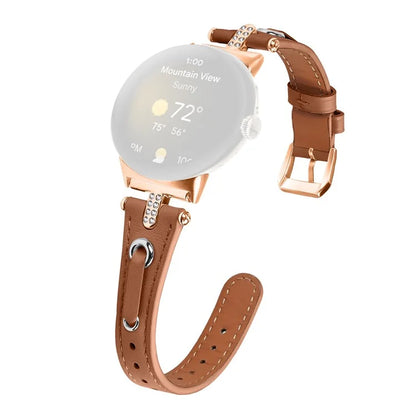 For Google Pixel Watch Genuine Cow Leather Watch Strap Rhinestone Decor Rose Gold Buckle Watch Band