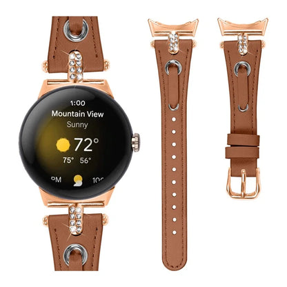 For Google Pixel Watch Genuine Cow Leather Watch Strap Rhinestone Decor Rose Gold Buckle Watch Band