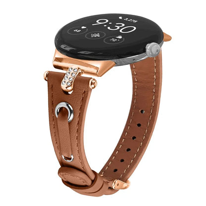For Google Pixel Watch Genuine Cow Leather Watch Strap Rhinestone Decor Rose Gold Buckle Watch Band