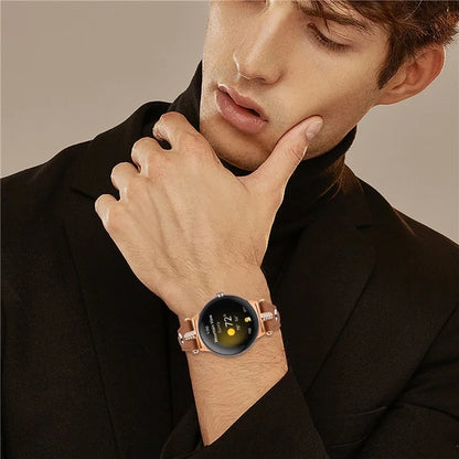 For Google Pixel Watch Genuine Cow Leather Watch Strap Rhinestone Decor Rose Gold Buckle Watch Band