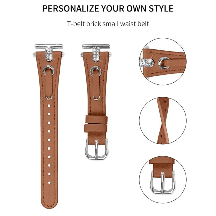 For GarminMove 3  /  Vivomove 3 Watchband Genuine Cow Leather T-belt Strap (Silver Connector)