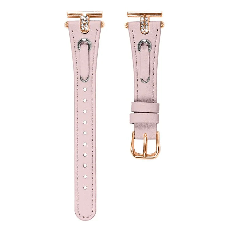 For GarminMove 3  /  Vivomove 3 Watchband Genuine Cow Leather T-belt with Rhinestone Decor (Rose Gold Connector)