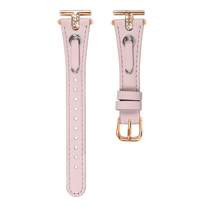 For GarminMove 3  /  Vivomove 3 Watchband Genuine Cow Leather T-belt with Rhinestone Decor (Rose Gold Connector)
