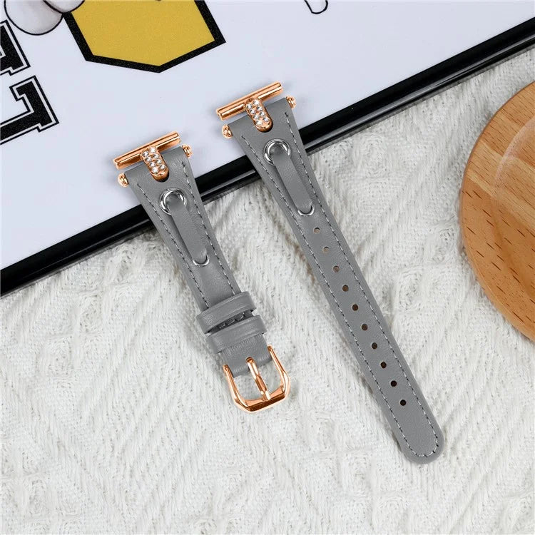 For GarminMove 3  /  Vivomove 3 Watchband Genuine Cow Leather T-belt with Rhinestone Decor (Rose Gold Connector)