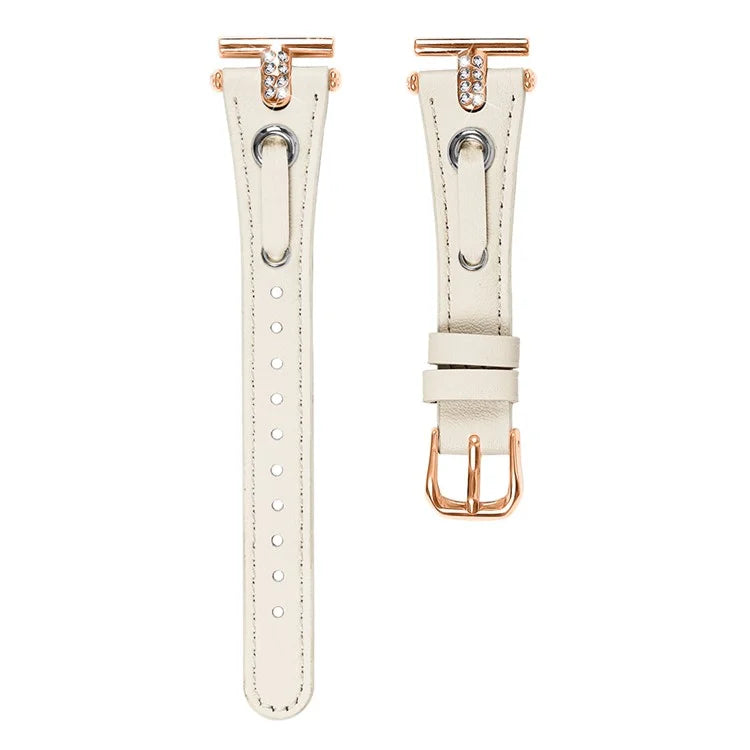 For GarminMove 3  /  Vivomove 3 Watchband Genuine Cow Leather T-belt with Rhinestone Decor (Rose Gold Connector)