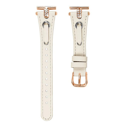 For GarminMove 3  /  Vivomove 3 Watchband Genuine Cow Leather T-belt with Rhinestone Decor (Rose Gold Connector)